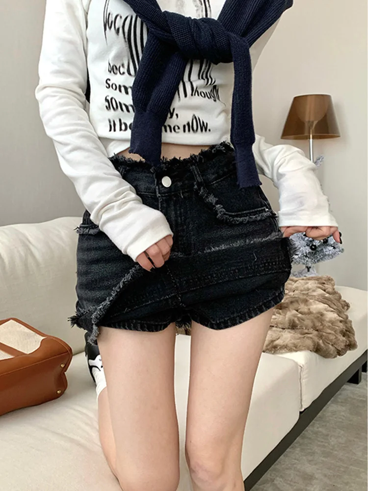 American Retro Spicy Girl Denim Skirt Women's Summer High Waist Slim Design Feeling Fur Edge A-line Wrap Hip Skirt Short Skirt