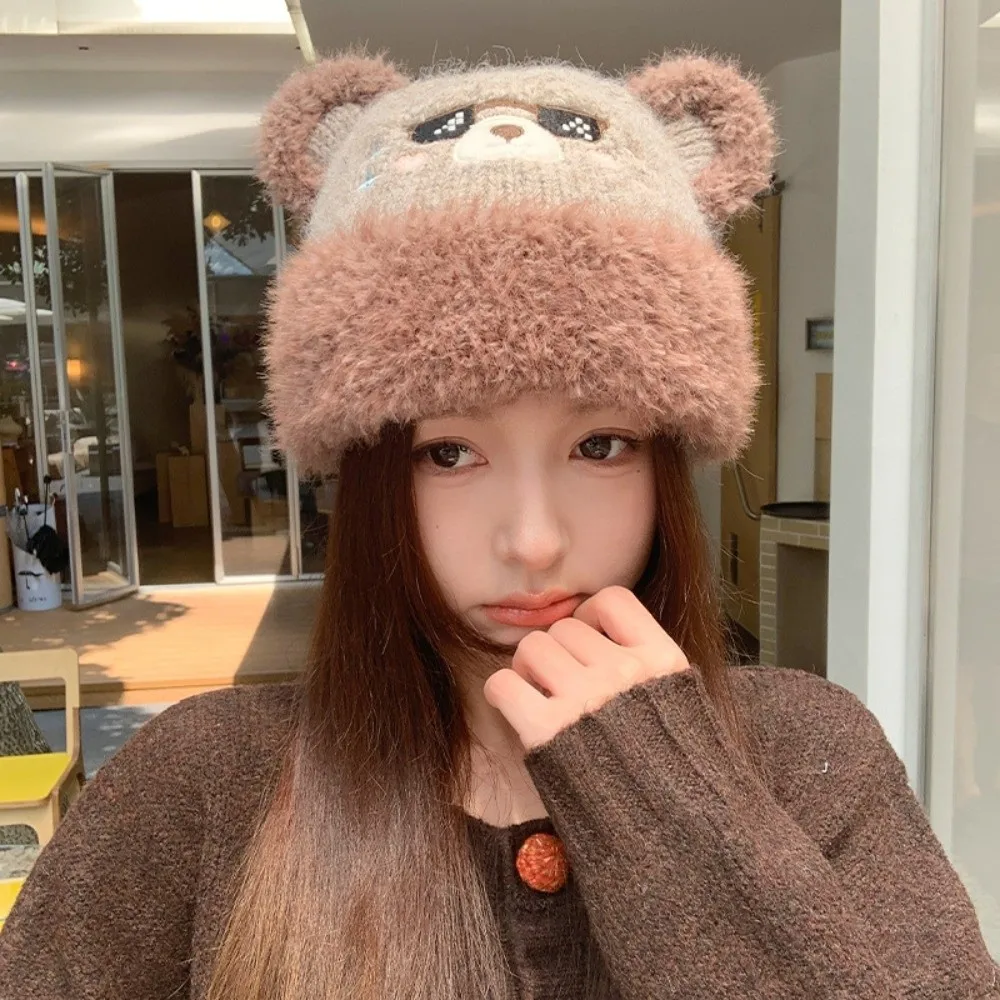 Polyester Knitted Beanie Face Slimming Design Large Head Circumference Bear Ear Hat 56-58CM Windproof Warm Knit Hat