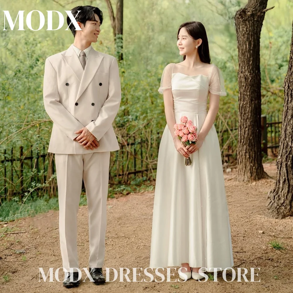 

MODX Elegant Satin A-line Wedding Dresses Lvory Short Sleeves Pearl 웨딩드레스 Pleat Korea Photoshoot Customised Bride Gowns 2025