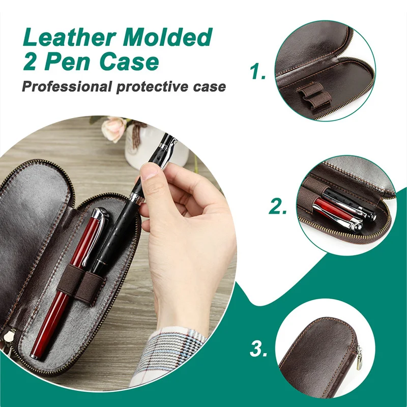 Leather Zippering Fountain Pen Case 2 Slots Fountain Pencil Organizer Collect Retro Box Cute Office School Stationery Supplies