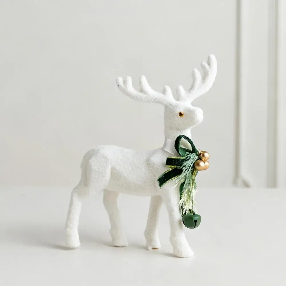 Decorative Window Display Accents White Flocked Elk Ornament with Ribbon Bell 3d Standing Deer Figurine Holiday Home Decor