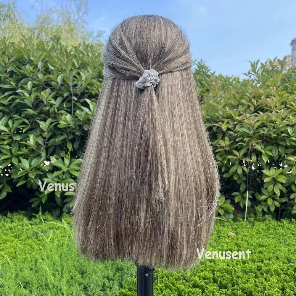 European Virgin Human Hair Silk Top Jewish Wigs Double Drawn Kosher Wigs Brown Blonde Color With Highlight 130 Density For Women