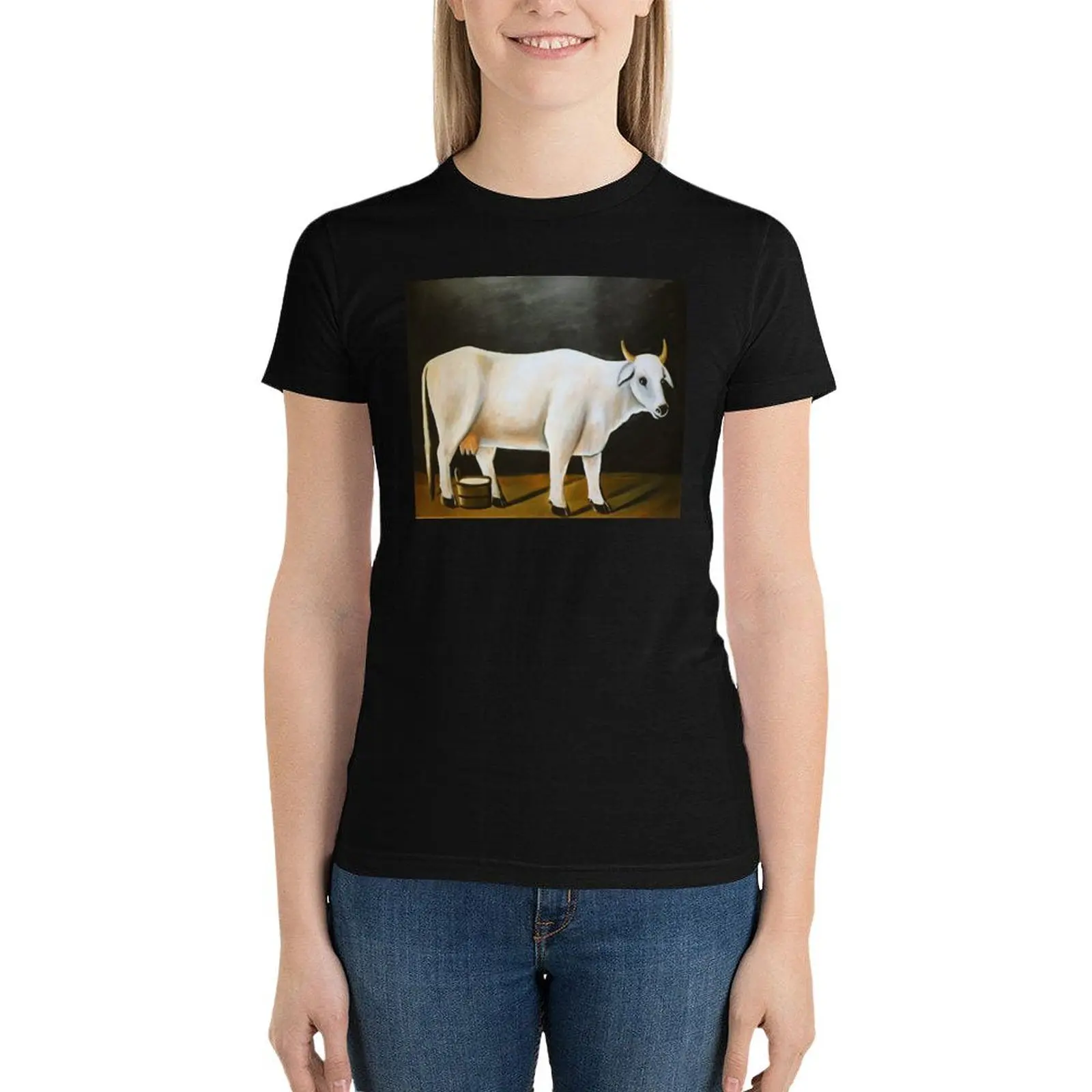 White Cow on a Black Blackgroundby Niko Pirosmani,Naive Art T-Shirt summer clothes lady clothes plain t shirts for Women