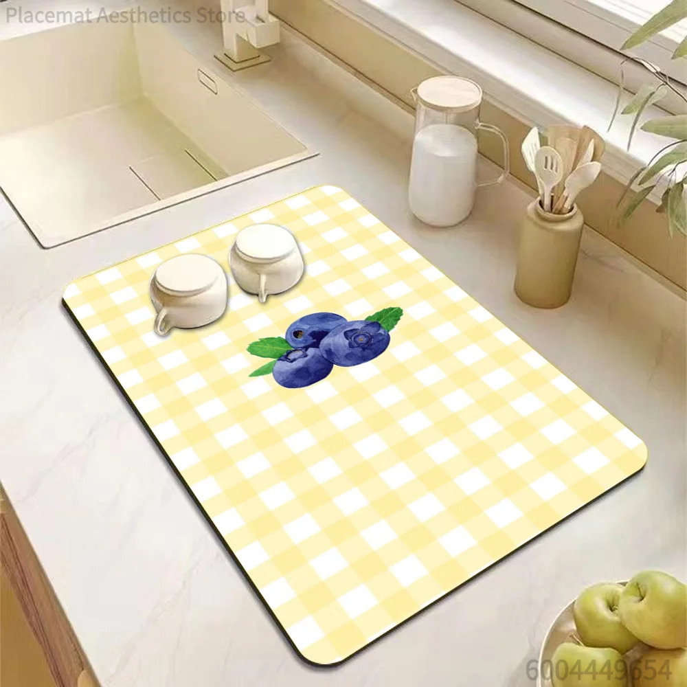 Sweet Fruit Berry Plaid Stripe Art Print Super Absorbent Drying Mat Waterproof Kitchen Counter Drain Pad Decor Placemat