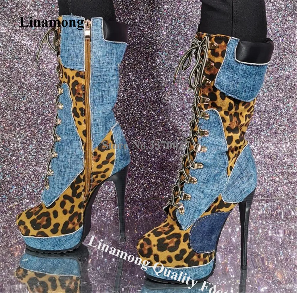 

Linamong Blue Denim Patchwork Leopard Stiletto Heel Short Boots Newest Round Toe Metal Buckles Lace-up Platform Mid-calf Boots