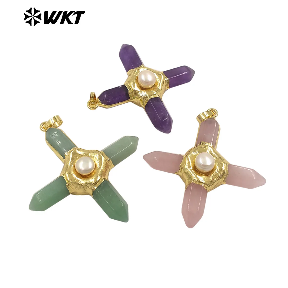 

WT-P1967 Оптовая продажа, модный позолоченный крест, целебная энергия, драгоценный камень, точечный якорь, подвески, специальные ювелирные изделия из розового кварца