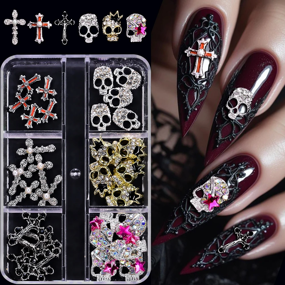 

6Grids Y2k Silvery Skull Cross Punk Nail Charms 3D Metal Halloween Spider Bat Skeleton Nail Parts Gothic Cross Festival Nail Dec