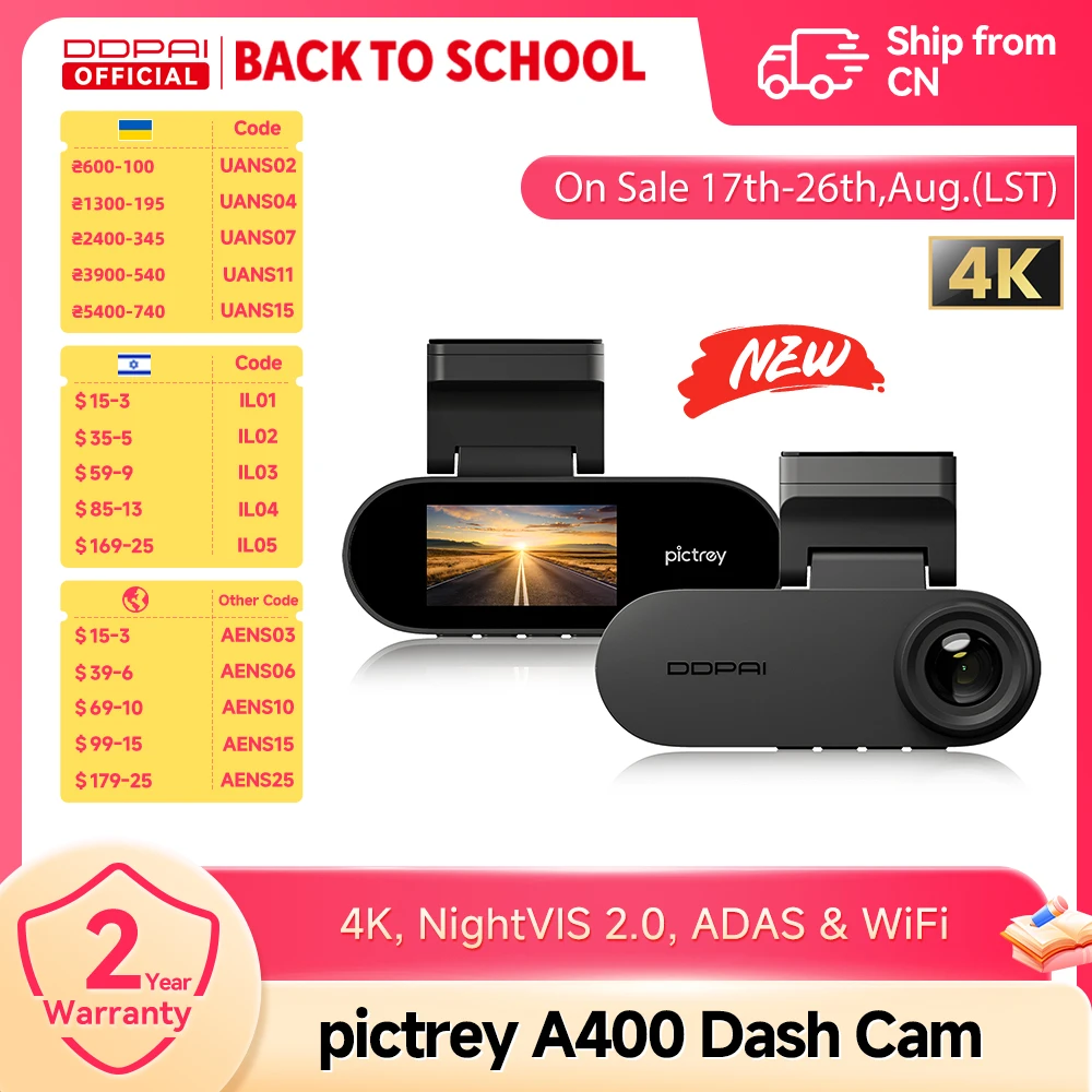 DDPAI A400 com resolução 4K, suporte para modo de estacionamento 24H, ADAS integrado, visão noturna, aplicativo WIFI e câmera veicular.