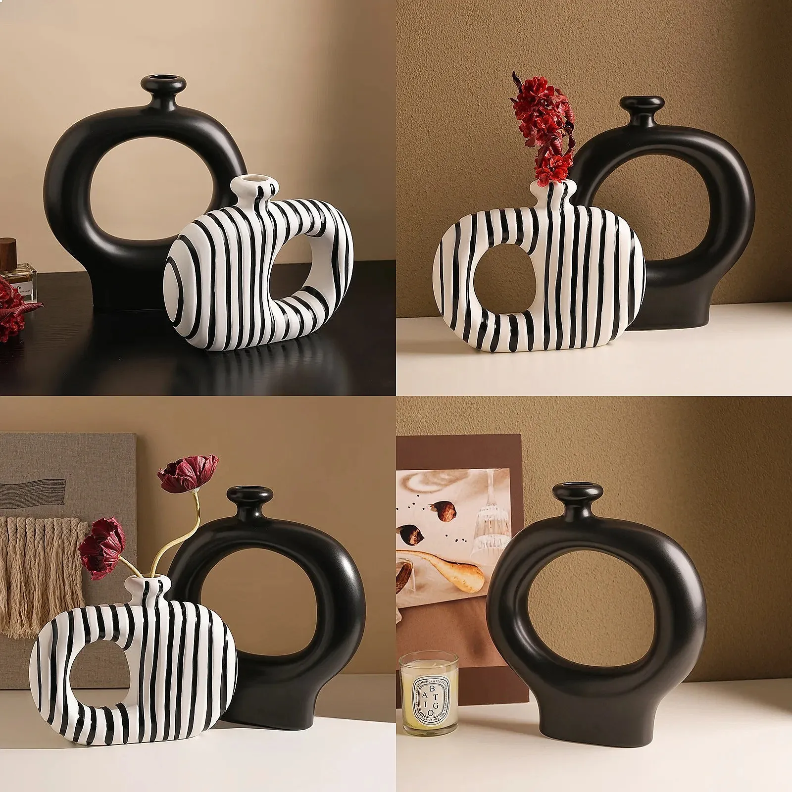 Zebra Stripes Ceramic Vase Artificial Flower Decorative Flowers Pots Desk Decoration Modern Floral Vases Room Aesthetic Decor