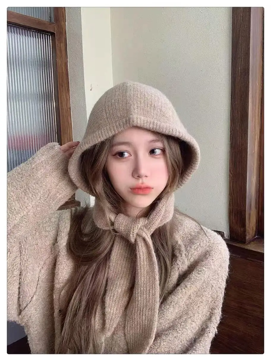 INS South korea Balaclava Scarf Integrated Women Autumn and Winter Earmuff Warm Pure Wool Knitted Wool Hat