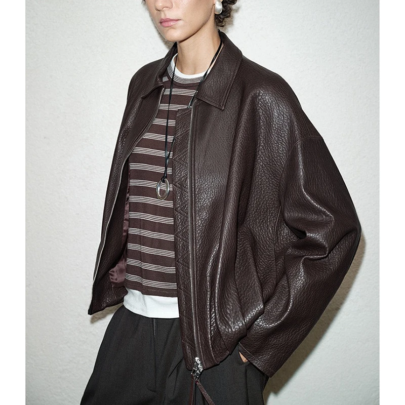 커피 가죽 재킷 가을 여성 심플 패션 라펠 지퍼 루즈 내추럴 텍스처 양가죽 폼 가죽 숏 코트 자케타