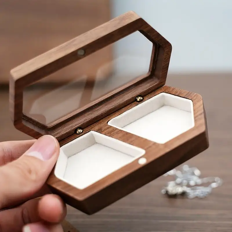 Hexagon Glass Ring Box Wood Marriage Proposal Ring Display Case Ceremony Gift Earrings Storage Box Jewelry Organzier