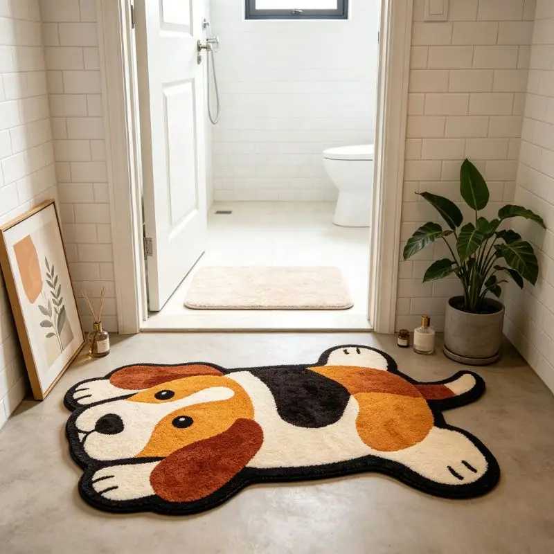 VIKAMA Cute Dog Shaped Rug Flannel Soft Non Slip Beagle Floor Mat Animal Pattern Bedroom Bathroom Carpet Kids Room Home Decor