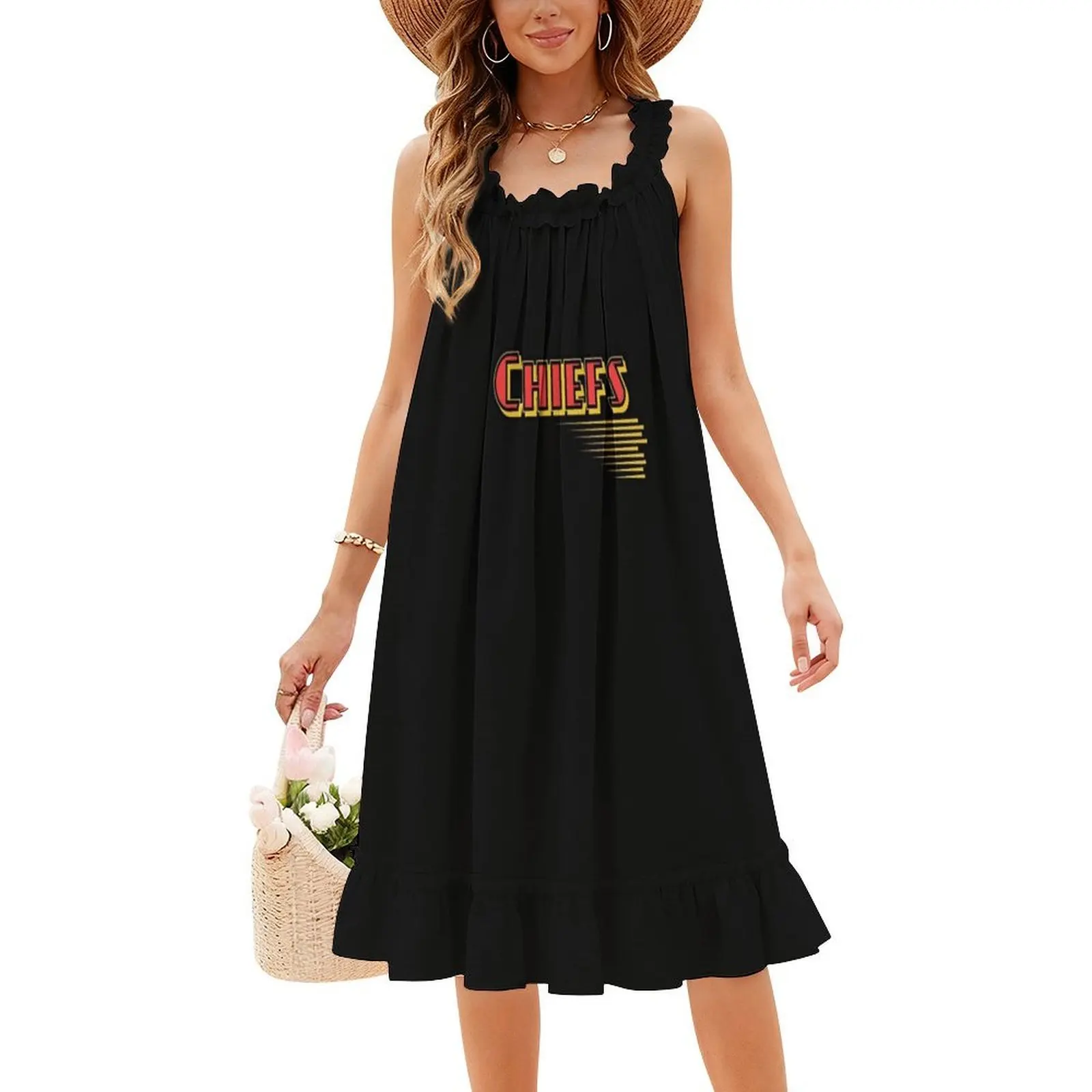 Kc Chiefs Retro Graphic Red Yellow Black Floral Smock Dress For Women Spring Summer Casual Dress For Party Kc Chiefs Chiefs