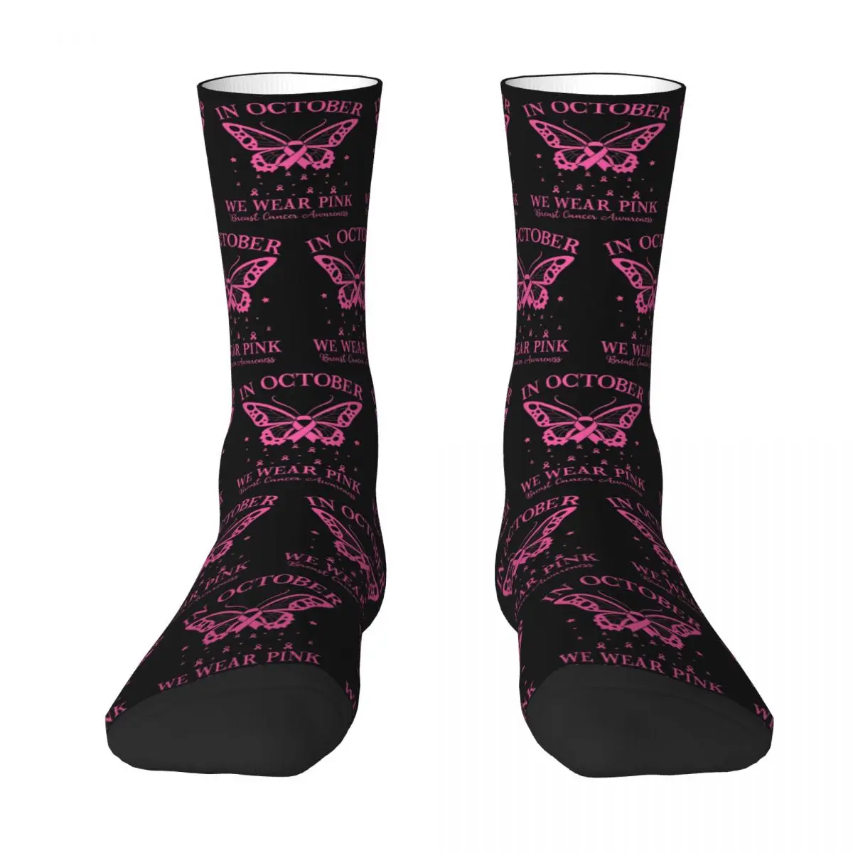 In October We Wear Pink Butterfly Breast Cancer Awareness Socks Harajuku Stockings All Season Long Socks for Man Woman's Present