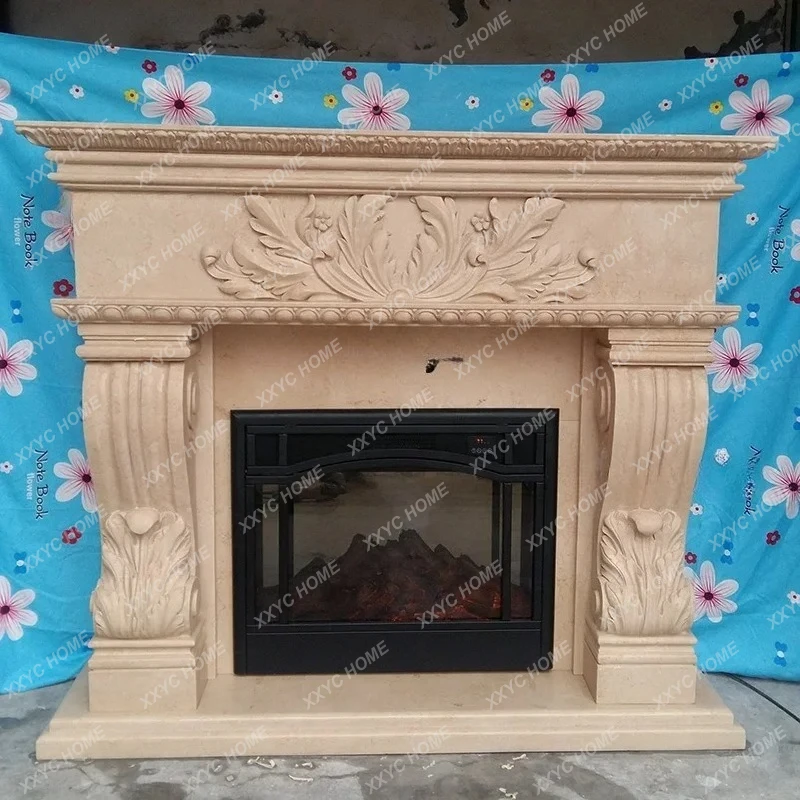 A Marble mantel European stone carving fireplace background wall decorative cabinet ornament