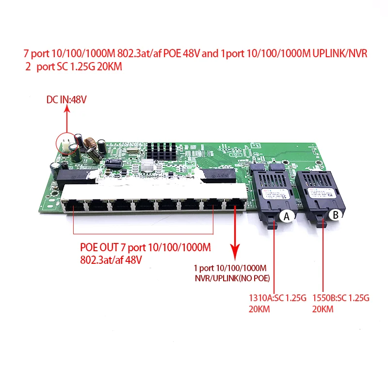 8 10/100/1000M 48V  ethernet switch 7port poe switch 802.3AT/AF with 1port  1000M UPLINK/NVR and 2 port optical 1.25G 20KM SC