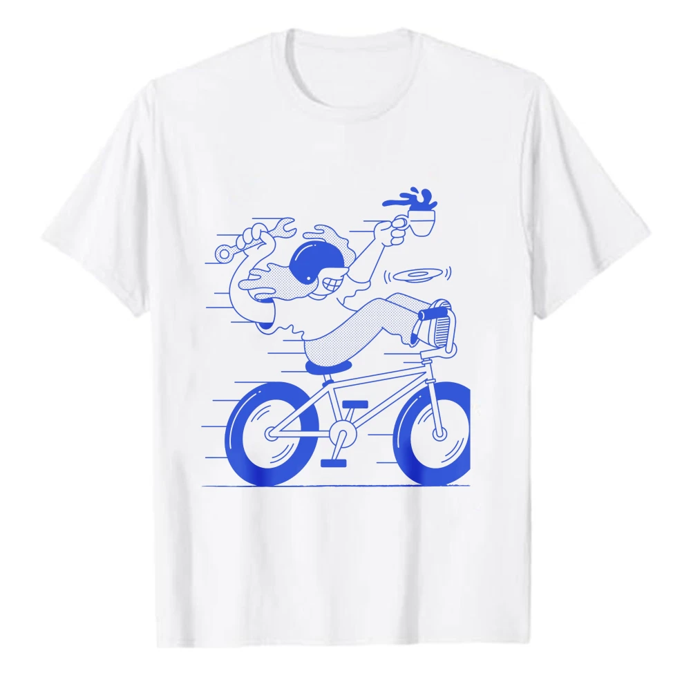BMX Rider Coffee Wrench Halftone Line Graphic T-Shirt Unisex Bike Mechanic Cyclist Crew Neck Casual Tee Unisex Fit T-Shirt