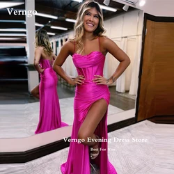 Verngo Sexy Fuschia Prom Party Dresses Spaghetti Straps Sweetheart Pleats Split African Women Evening Gowns Formal Long Lace Up