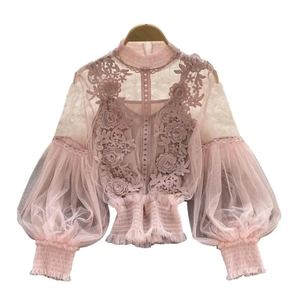 Flower Women Blouse Elegant Floral Mesh Sleeve Party Blouse for Women Sheer Lantern Sleeve Lace Detail Round Neck Spring Fall