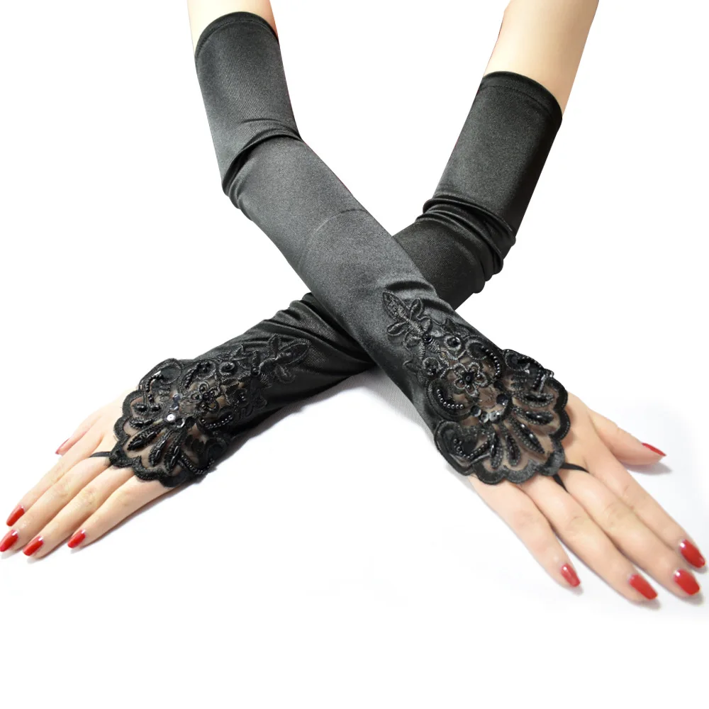 Vintage Prom Party Gloves 48cm Long Satin Sexy Lace Embroidery Hook Finger Gloves Party Women Cosplay Dinner Dance Mittens