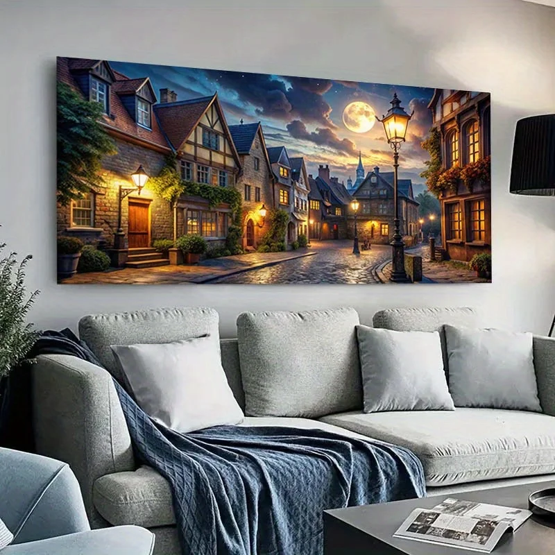 Large-sized frameless canvas paintings,Old Town Street Scenery Under Moonlight Poster Prints Modern Landscape Canvas Painting Wa