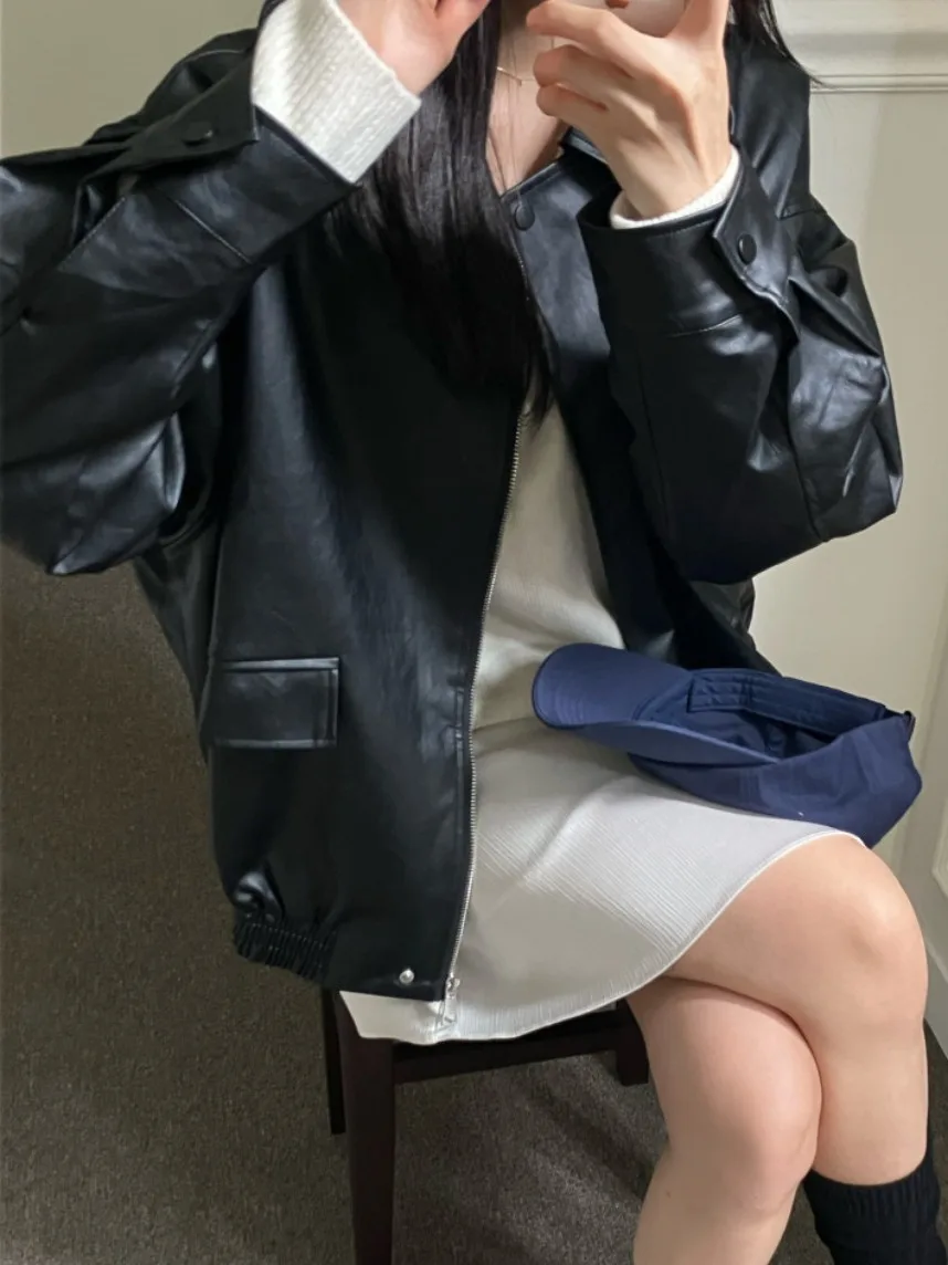 シックな秋のヴィンテージ風ルーズフィットジッパー付きPUレザーバイカーカジュアルジャケット レディースファッション通勤スリーブロングスリーブカラー