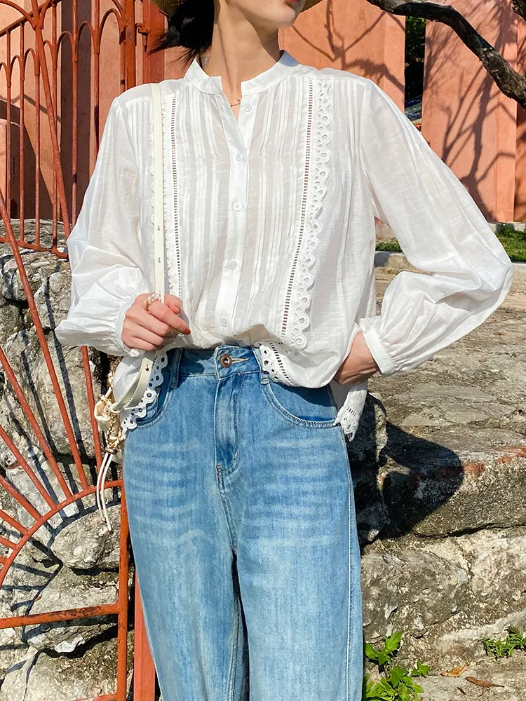 

Spring Women's Long Sleeve Shirt Loose-Fitting Elegant Splicing Design White Shirt for Casual Occasions