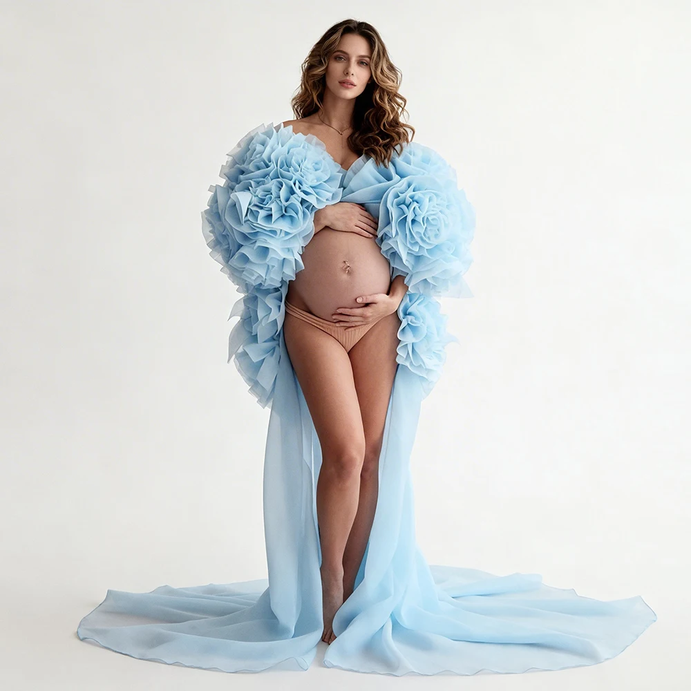 Maternity Photoshoot Dress Light Blue Organza 3D Floral Sleeve for Pregnant Photo Session Elegant Maternity Dress YW2603061D
