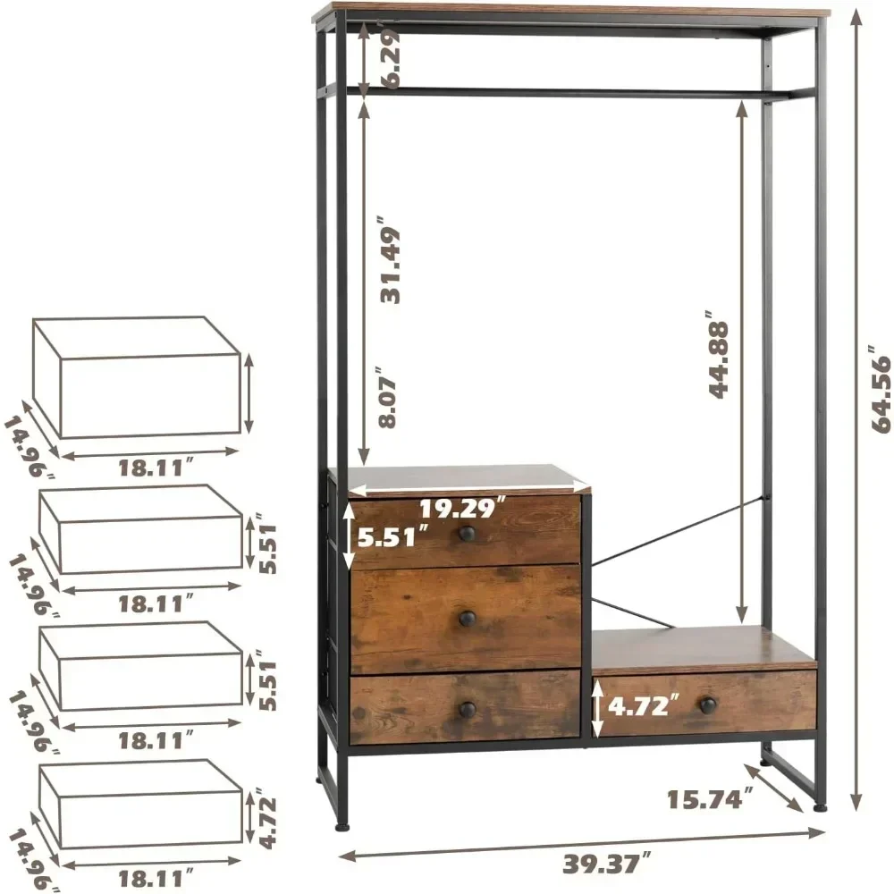 com 4 gavetas Extra Grande Árvore de hall de entrada com armazenamento de sapatos Guarda-roupa Armário de rack de roupas com rack de suspensão