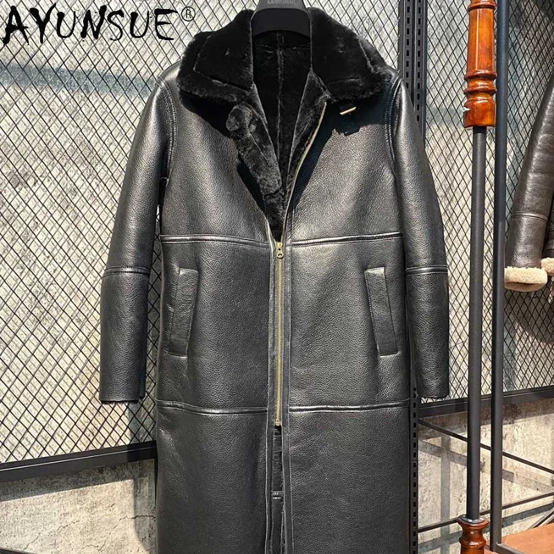 AYUNSUE Winter Sheepskin Fur In One Fur Coat Men Clothing Long Leather Fur Coats Men Thick Warm Male Fur Jacket Chaquetas M-7XL