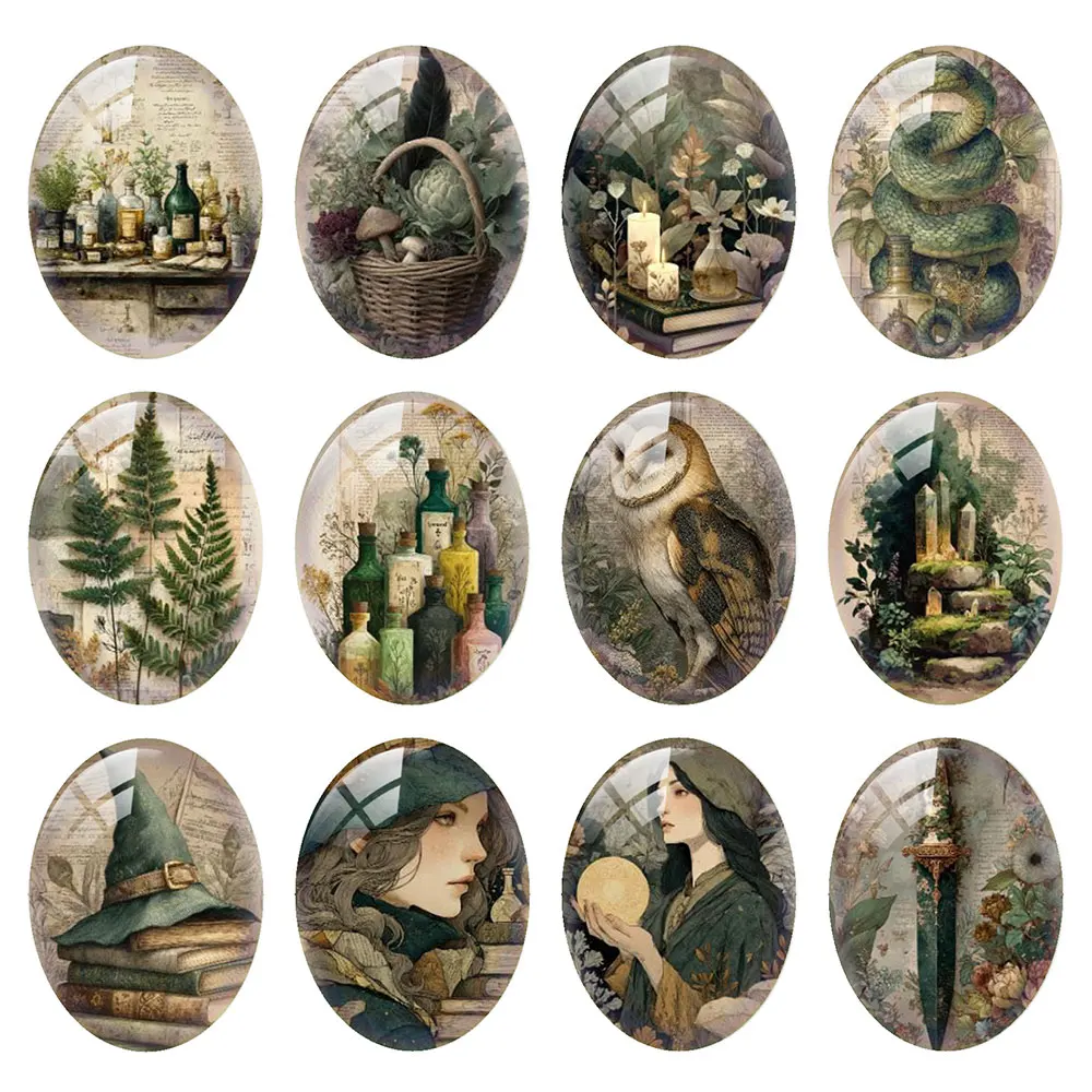 Random Mixed Round/Oval/Square Forest Witch Herbal Magic Owl Photo Glass Cabochon Flatback Demo Cameo For Diy Jewelry Making