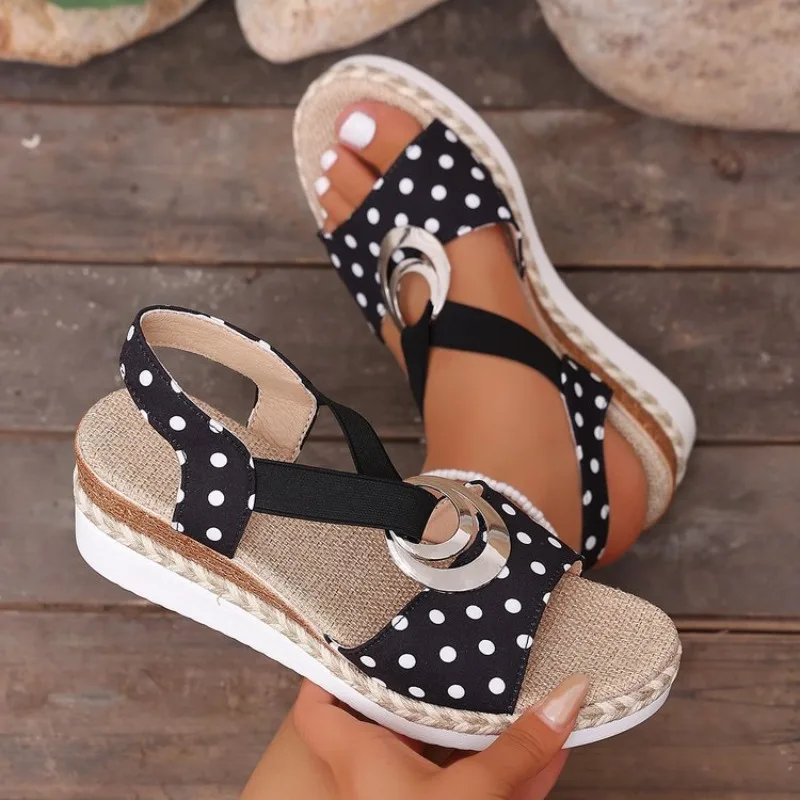 Women's Wedge Sandals Open Toe Platform Espadrille Style Polka Dot Pattern Cross Straps Metal Ring Accent Casual Summer Shoes