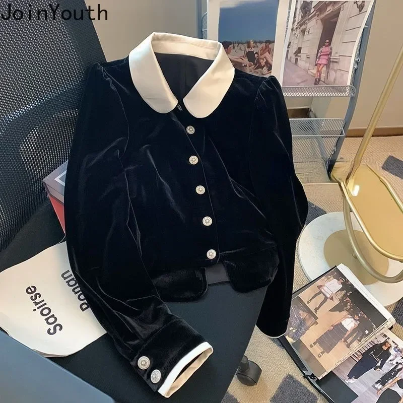 Black Velvet Women Tops Peter Pan Collar Slim Fit Blouses Vintage Temperament Long Sleeve Shirts 2024 Blusas Mujer De Moda 7o374