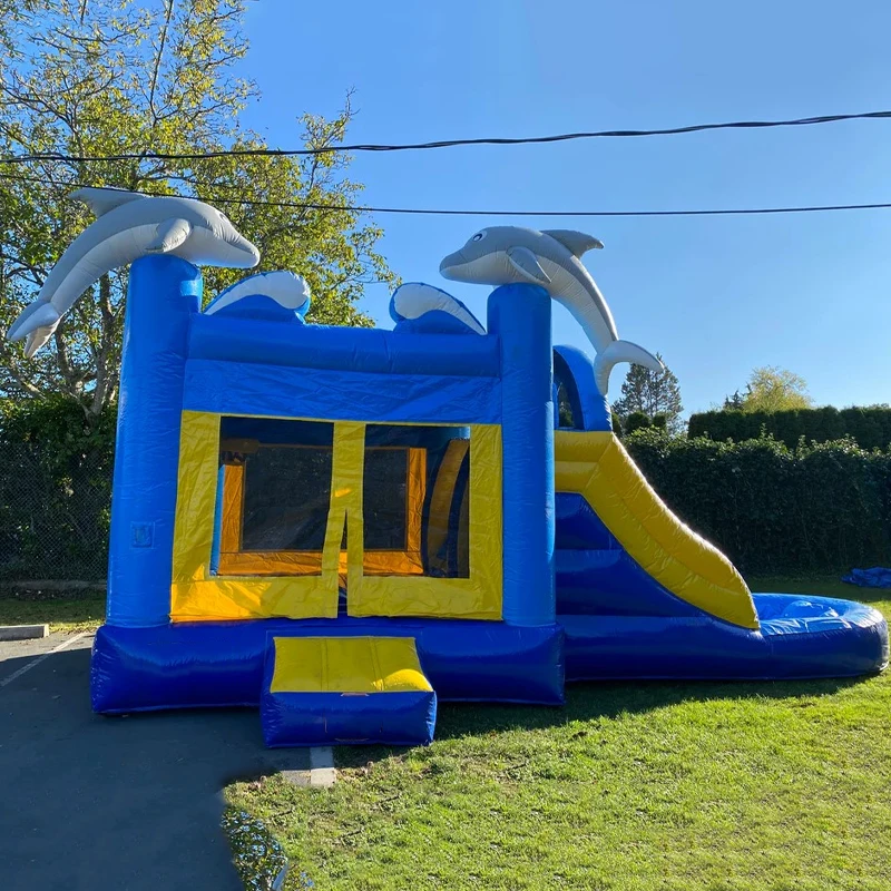 Inflatable Castle Blue Ocean Inflatable Trampoline Dolphin Shape Includes Pool Including Slide Including Blower