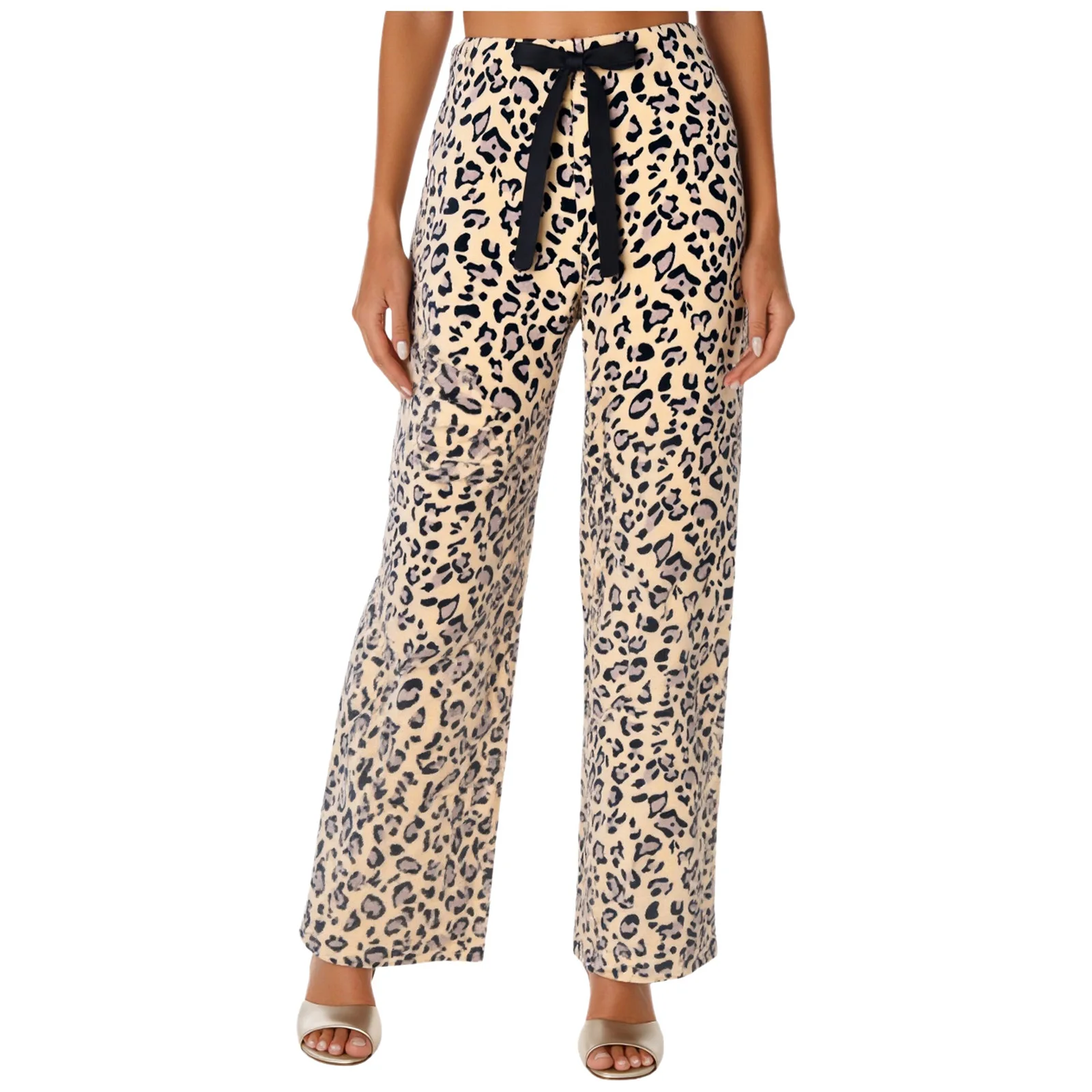 

Women Leopard Print Loose Long Pants Elastic Waistband Warm Flannel Wide Leg Pants Casual Trousers for Office Weekend Vacation