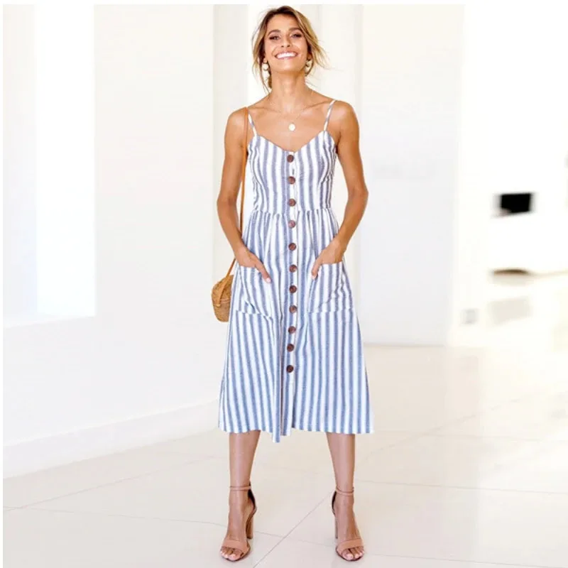 aa Bear House 002, новое летнее женское сексуальное пляжное платье с карманами и пуговицами в горошек, 2024, женское богемное праздничное ретро-модное платье SoWAT99 ★