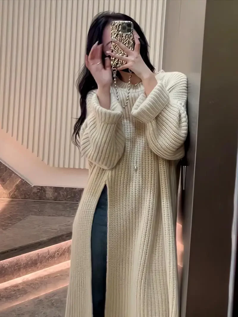 Gagarich Korean Lazy Style Knitted Dress Women Autumn Winter Loose Slimming New Style Split Bottom Woolen Long Sweater Top