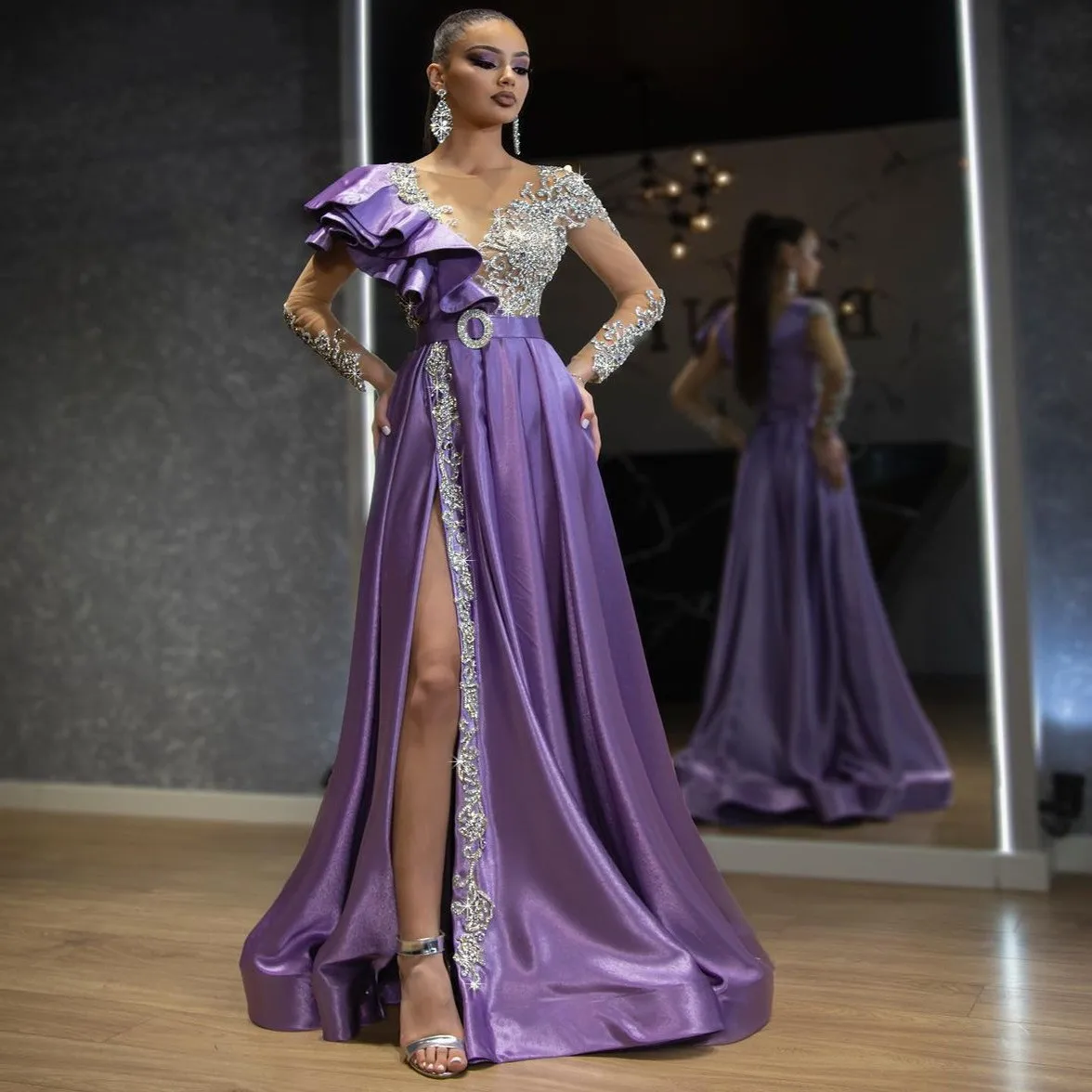 

Gold Purple Maxi Evening Dr High Waist Long Sve Formal Gown for Women Polyester Fiber Par Dr Ele Wedding Dr