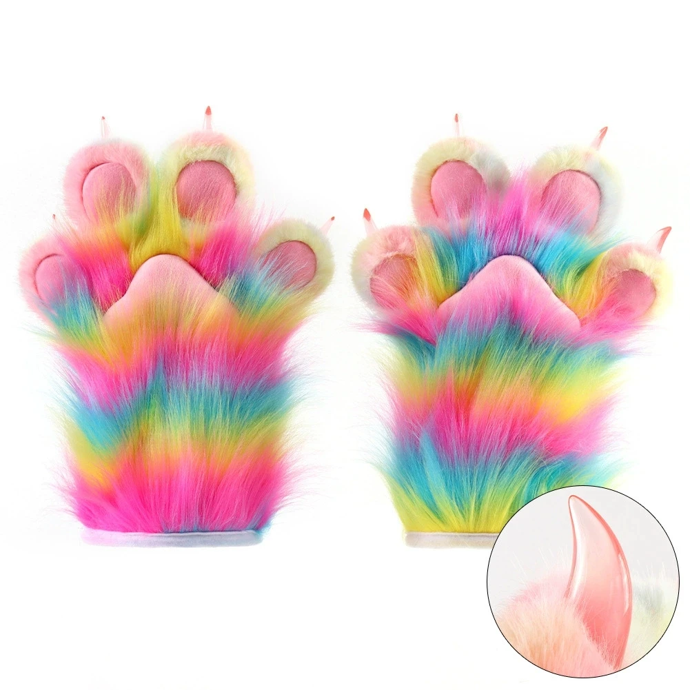 Costumes Props of Furry Cat Claw Rainbow Gloves Beast Paw Mittens With Nail Fursuit for Party Anime Carnival Cosplay