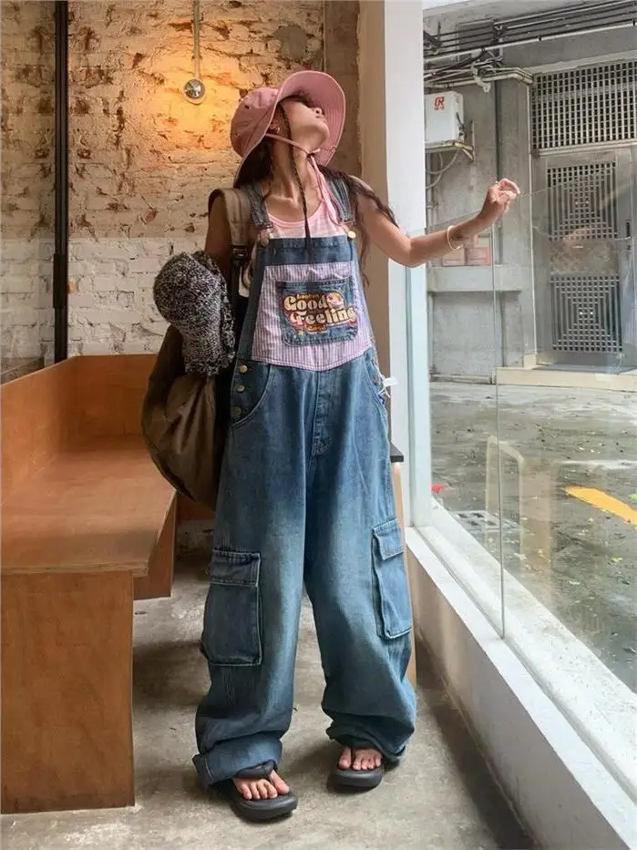 American Retro Cartoon Patchwork Suspenders Pants Loose Casual Workwear Wide Leg Couples Jeans Low Waist Net Printing