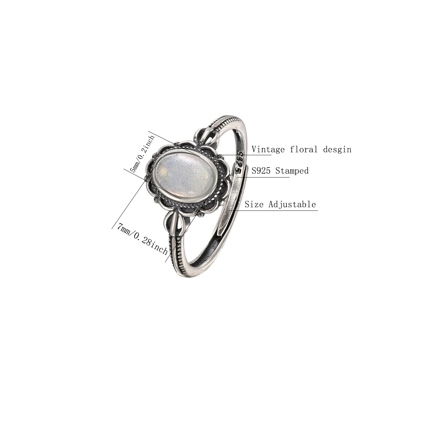 Vintage Women's Ring Adjustable S925 Sterling Silver Open Bands Natural Moonstone Floral Handmade Boho Jewelry Birthstone Gift