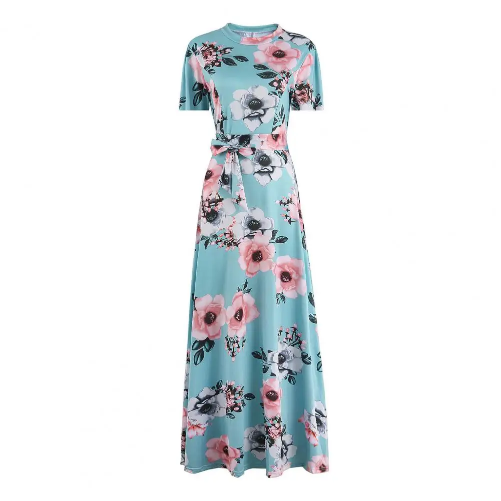 

Women Summer Maxi Dress Floral Print Maxi Dress with Mock Collar Belted Waist Women's A-line Swing Dress for Summer Spring Ankle