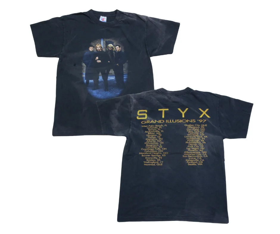 

Vintage 1997 Styx Band T Shirt Grand Illusions Tour Concert Black Shirt Sz (L)