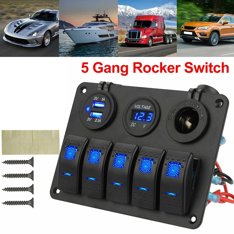 5 Gang ON-OFF Toggle Switch Panel 12V 2 USB Fits Car Marine Boat RV Truck Camper