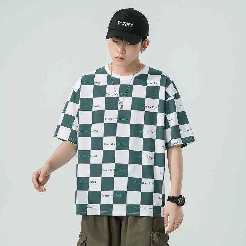 

New Summer Men's round Ne ort Sve T-irt Cheerboard Print Cotton Blend Comfortable Loose Fit T-irt for Youth