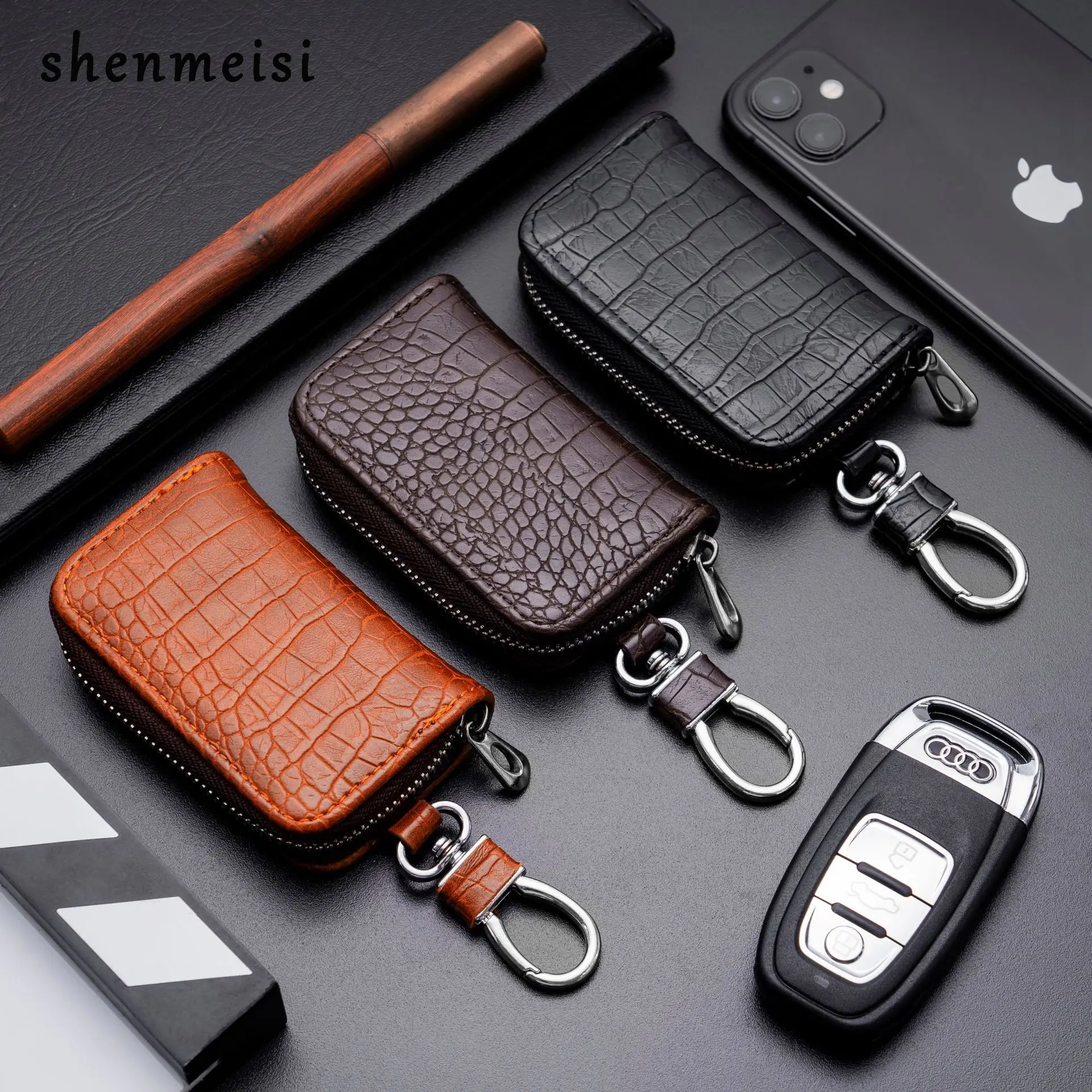 

Fashion Leather Car Key Bag Unisex Crocodile Print Zipper Keys Housekeeper Cow Split Leather Key Organizer Case Wallet