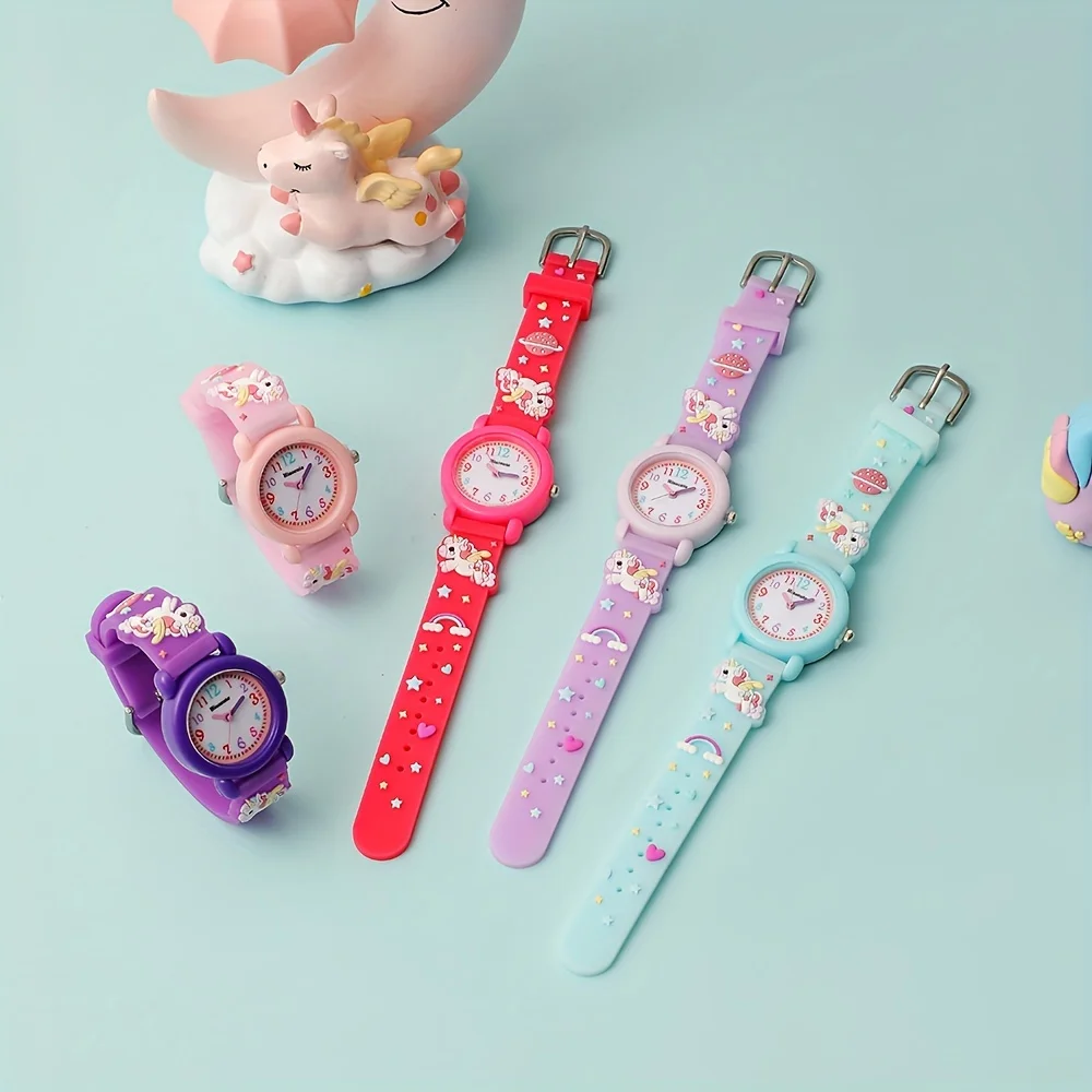 Jam tangan kuarsa untuk perempuan, arloji motif Kartun Unicorn cantik tahan lama 1 buah