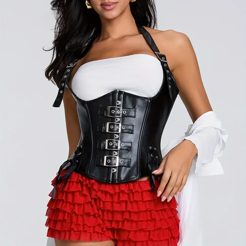 Imagen 2 del producto Corsé de cuero PU para mujer, corsé Steampunk Sexy, Top con cuello Halter, ropa moldeadora, corpiño con Control de barriga, disfraz de Halloween con cordones