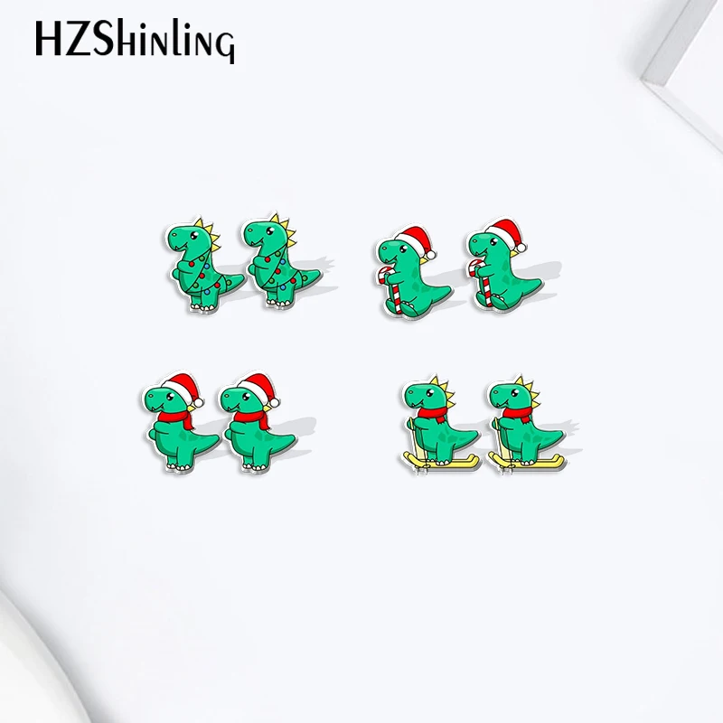 Christmas Day Little Green Dinosaurs Pattern Acrylic Resin Stud Earrings Epoxy Handmade Jewelry Gifts Friends